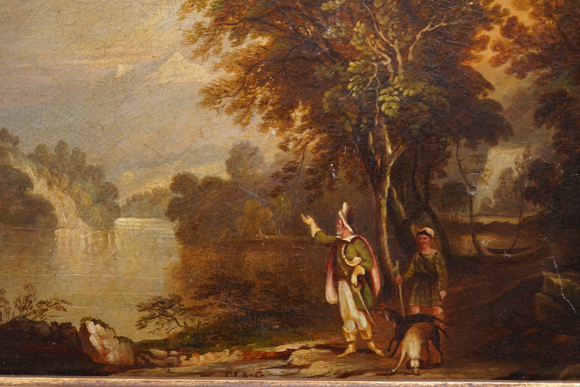 Attributed to Claude Gellée called Le Lorrain, French (1600-1682), Lakeland landscape with figures and dogs to the foreground